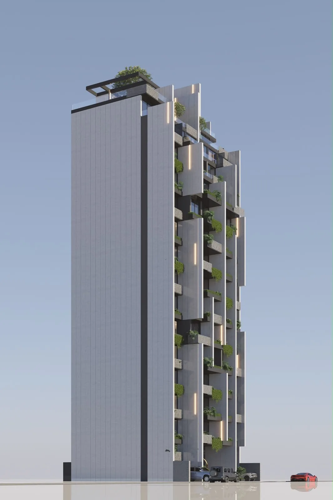 LYV — vertical fins and planted balconies, from the side