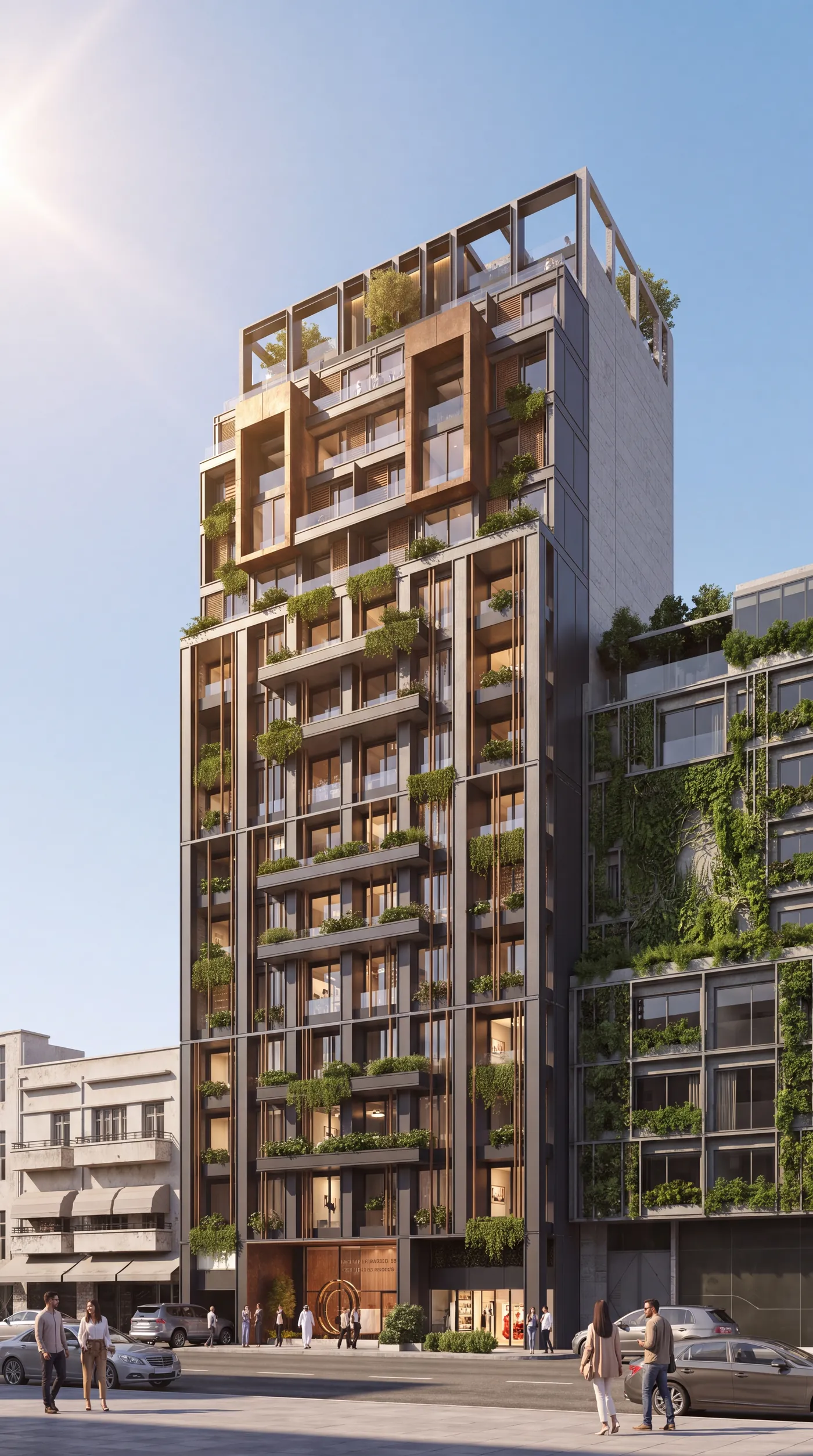 LYV — the tower seen from the street, its planted balconies stepping back towards a crown of terraces